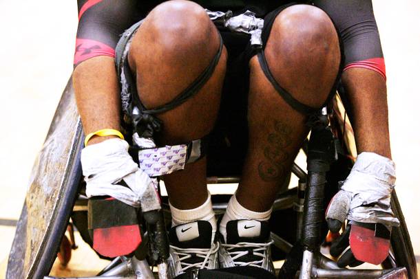 Player C.J. Arinwine rests during Sin City Skulls quad rugby practice at Chuck Minker Sports Complex in Las Vegas Monday, April 11, 2011.