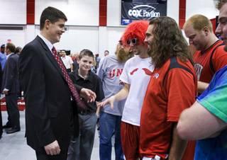UNLV's new head basketball coach, David Rice, meets with students during a Runnin' Rebel Fan Reception at UNLV Monday, April 11, 2011. 