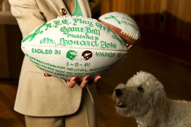 Susan Tose Spencer,  former general manager of the NFL's Philadelphia Eagles, holds a game football from the 1981 National Football Conference playoff game against the Minnesota Vikings at her home in Las Vegas Tuesday, April 26, 2011. Spencer brings a unique perspective to the ongoing lockout of NFL players by the league's owners. As an executive with the Eagles, she participated in the 1982 NFL lockout. Her late father, Leonard Tose, was the team's owner at the time.