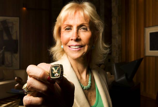 Susan Tose Spencer,  former general manager of the NFL's Philadelphia Eagles, displays a ring from Super Bowl XV at her home in Las Vegas Tuesday, April 26, 2011. (The Oakland Raiders beat the Eagles 27-10).  Spencer brings a unique perspective to the ongoing lockout of NFL players by the league's owners. As an executive with the Eagles, she participated in the 1982 NFL lockout. Her late father, Leonard Tose, was the team's owner at the time.