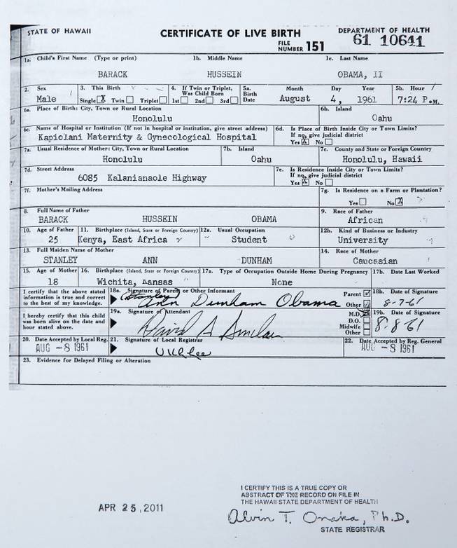 This handout image provided by the White House shows a copy of the long form of President Barack Obama's birth certificate from Hawaii. 