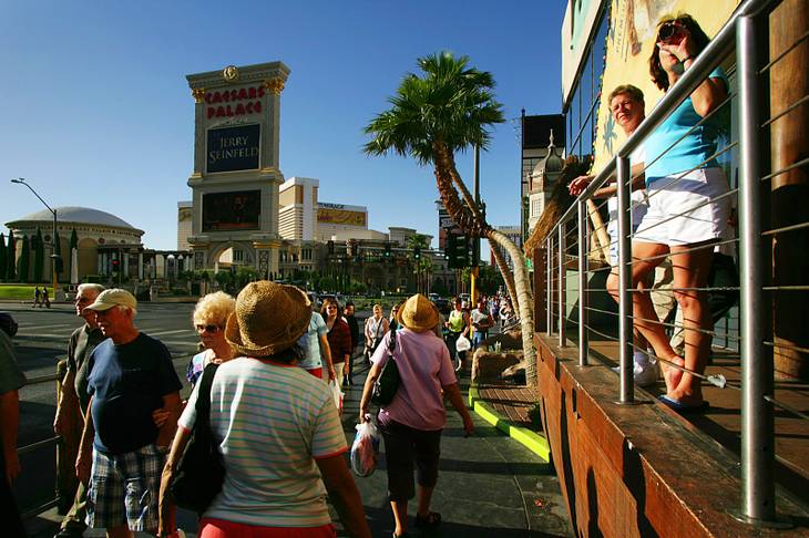 Tourists walk on the Las Vegas Strip on Thursday, April 28, 2011.