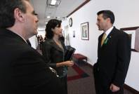 Gov. Brian Sandoval, right, talks with advisors Dale Erquiaga and Heidi Gansert outside an education budget hearing Tuesday, May 3, 2011, at the Legislature in Carson City. Sandoval delivered a televised address Tuesday evening about his budget proposal and his stance to not raise taxes.