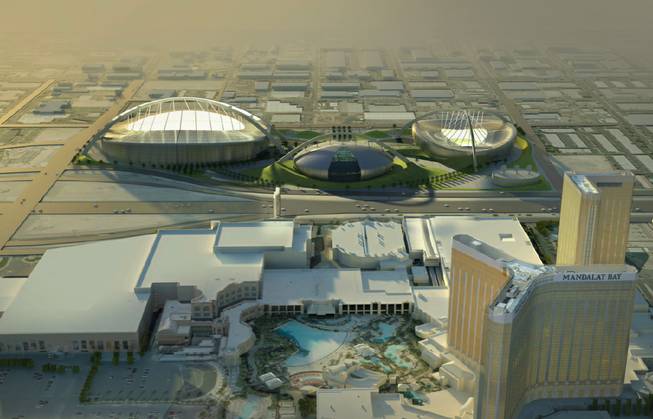 A rendering of the proposed stadium complex behind Mandalay Bay. 