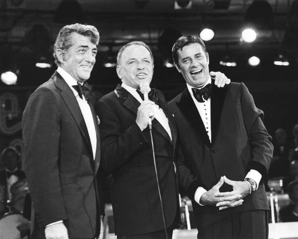 Frank Sinatra, Dean Martin and Jerry Lewis at the Jerry Lewis Muscular Dystrophy Telethon at the Sahara on Sept. 5, 1976.  