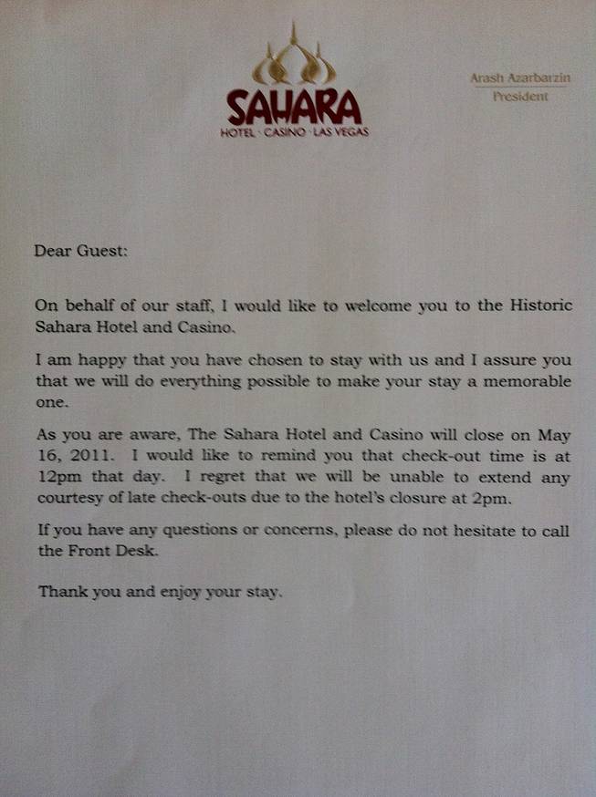 The letter issued to the Sahara's final guests.