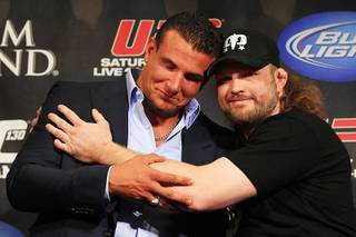 Heavyweight opponents Frank Mir, left, and Roy Nelson joke around while facing off during a news conference in advance of UFC 130 Wednesday, May 25, 2011.