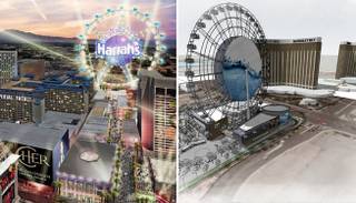 If all goes according to plan, two giant observation wheels will dot the Las Vegas skyline. These artist renderings show the two wheels. At left, Caesars Entertainment is planning to erect one near O'Sheas as part of Project Linq. (The rendering is from 2009, when Caesars was known as Harrahs Entertainment.) At right is the Skyvue Las Vegas Super Wheel project, which has already broken ground at a site near Mandalay Bay.