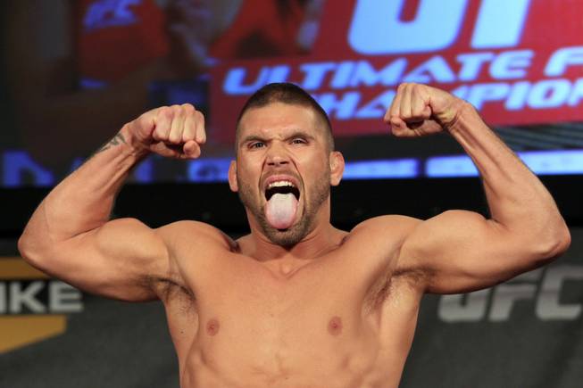 Jeremy Stephens flexes during the weigh in for the TUF Season 13 fight card Thursday, June 2, 2011.