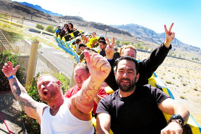 Daryl Terry and Brian Cordova of Las Vegas ride the Desperado roller coaster at Buffalo Bill's in Primm on Monday, June 6, 2011.