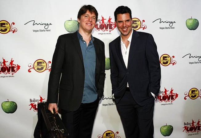 Violinist Joshua Bell and musician Frankie Moreno arrive for the fifth-anniversary celebration of <em>The Beatles Love by Cirque du Soleil</em> at the Mirage on June 8, 2011.

