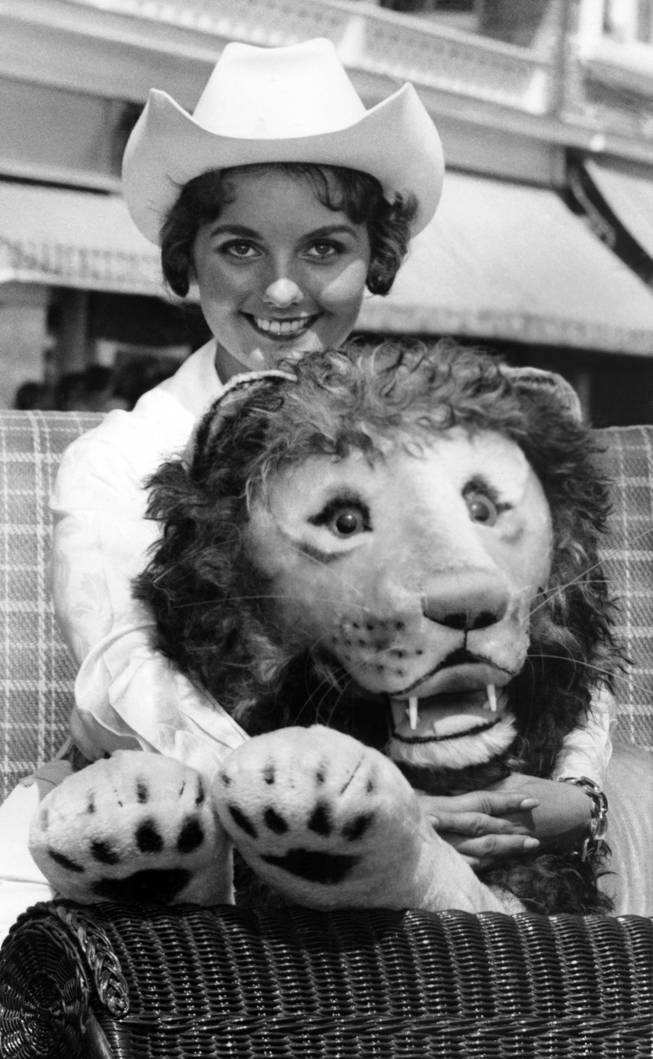 Miss Nevada, Dawn Elberta Wells, of Reno, poses with a 50 pound stuffed lion in an Atlantic City Sept. 8, 1959 rolling chair on this resort city's boardwalk during a lull in start of the week long Miss America pageant. Miss Nevada will compete against 53 other beauties from all parts of the United States for the coveted title of Miss America pf 1960. 