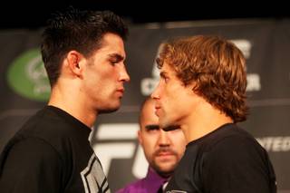 Dominick Cruz (left) and Urijah Faber face off during the press conference Thursday,  June 30, 2011 at MGM Grand in preparation for UFC 132 Saturday night.