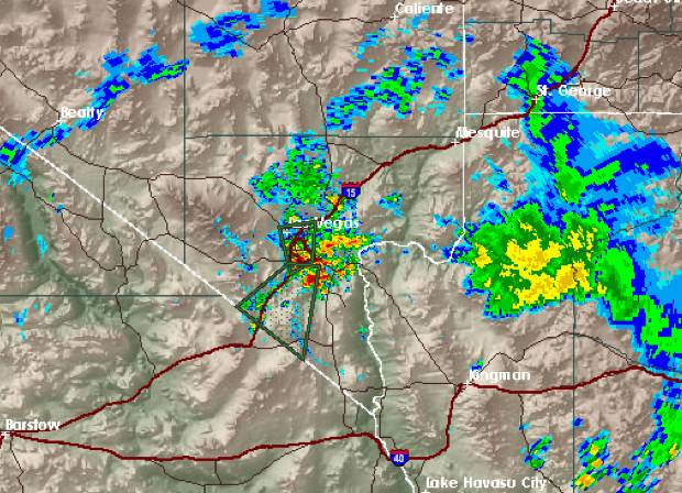 National Weather Service radar from 7 p.m. Sunday shows heavy rain in the Las Vegas Valley. 