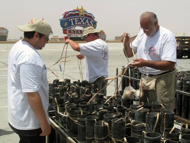Officials from Grucci's Fireworks, which is putting on the fireworks displays at five Station Casinos on the Fourth of July, said it took nearly 100 hours to design and choreography the five shows. Crews worked Sunday afternoon at Texas Station to set up the show.