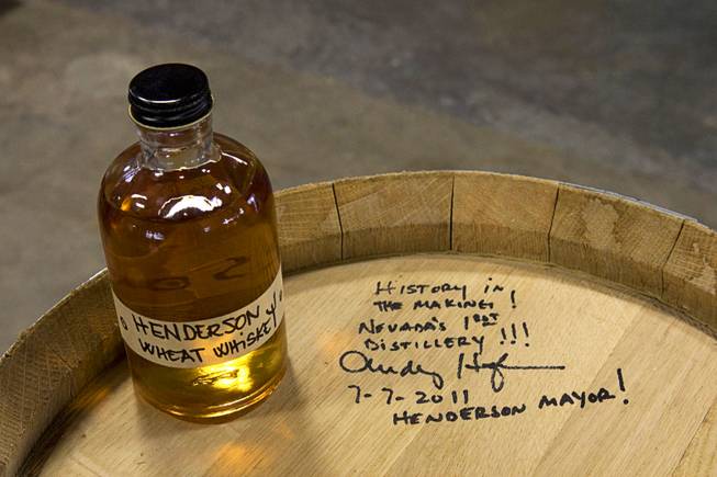 The first barrel of Henderson Wheat Whiskey, signed by Henderson Mayor Andy Hafen, is displayed at the Las Vegas Distillery in Henderson July 7, 2011.