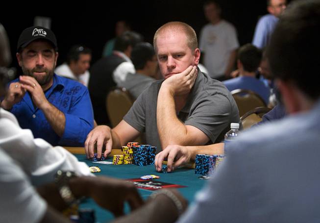 Poker professional Erick Lindgren competes during Day 2B of the World Series of Poker main event at the Rio Tuesday, July 12, 2011.
