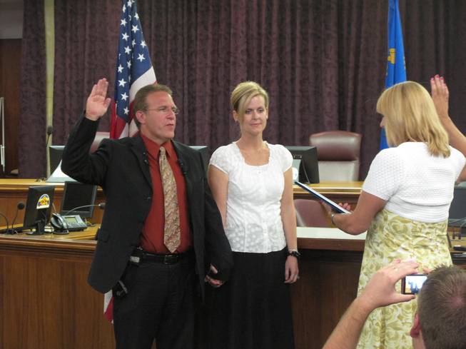 Wade Wagner is sworn in as the North Las Vegas City Councilman representing Ward 4. Wagner's swearing in ceremony Monday night at North Las Vegas city hall took place more than a month after he won the general election by a single vote. 