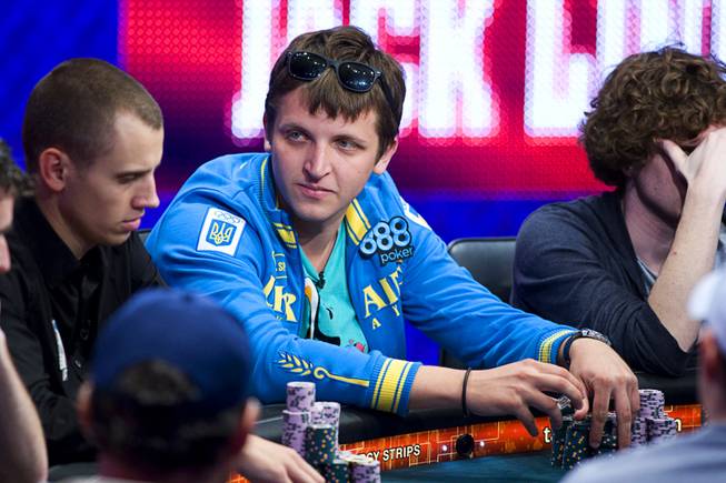 Anton Makiievskyi of Ukraine competes during Day 8 of the World Series of Poker $10,000 buy-in, no-limit Texas Hold 'em main event at the Rio Tuesday, July 19, 2011.
