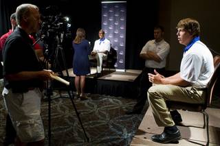 Boise State quarterback Kellen Moore is interviewed during Mountain West Conference media day July 26, 2011, at Red Rock Resort. Moore was Heisman Trophy finalist in 2010.