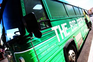 The Big Green Bus visited the Rio Hotel Wednesday, August 3, 2011. The old Greyhound coach bus has been converted to run on waste vegetable oil and outfitted with solar panels to transport the 13 Dartmouth College students around the country to talk and teach about sustainability.