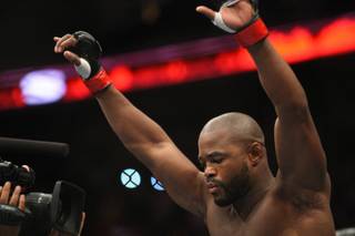 Rashad Evans reacts at a UFC 133 light heavyweight fight at the Wells Fargo Center in Philadelphia, Saturday, Aug. 6, 2011. Evans defeated Tito Ortiz in the bout.