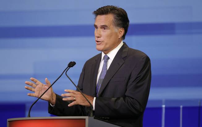Republican presidential candidate former Massachusetts Gov. Mitt Romney speaks during the Iowa GOP/Fox News Debate at the CY Stephens Auditorium in Ames, Iowa, Thursday, Aug. 11, 2011.