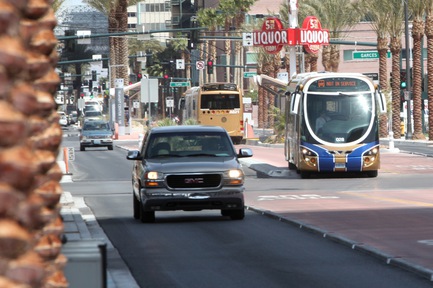 Regional Transportation Commission buses travel downtown. Las Vegas is modifying its zoning ordinance for certain downtown districts to allow for more walkability, said Marco Velotta, the city's chief sustainability officer. Plans to modify transit-related policies in high-traffic areas like Maryland Parkway and Charleston Boulevard are also in the works, he said.
