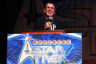 Leonard Nimoy speaks during his next-to-last public Star Trek appearance at the annual Las Vegas Star Trek Convention on Saturday, Aug. 13, 2011, at the Rio.