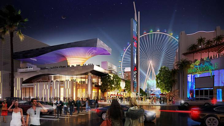 An artist's illustration of Caesars Entertainment's Linq development. The $550 million shopping, dining and entertainment district will be anchored by the 550-foot-tall High Roller observation wheel. The project's first phase is expected to open in late 2013.