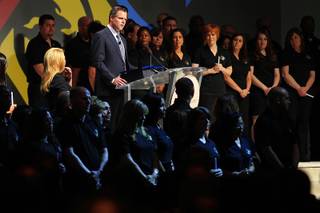 Jim Murren speaks during a memorial service for former MGM Resorts International CEO Terry Lanni on Tuesday, Aug. 16, 2011.