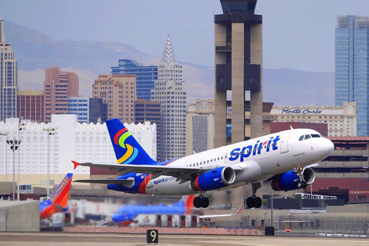A Spirit Airlines jet takes off from McCarran International Airport on Friday, Aug. 26, 2011.
