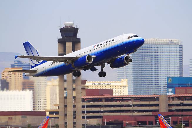 A United Airlines jet takes off from McCarran International Airport on Friday, Aug. 26, 2011.