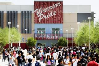 Students walk between periods during the first day of school at Western High School in Las Vegas on Monday, Aug. 29, 2011.