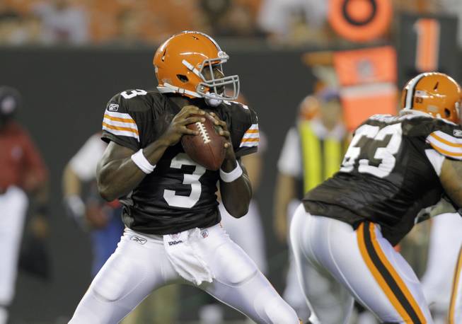 Cleveland Browns quarterback Jarrett Brown looks to pass against the Detroit Lions in a preseason NFL football game Friday, Aug. 19, 2011, in Cleveland.