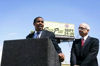 Nevada Senate Majority Leader Steven Horsford and State Senator Mo Denis speak during a press conference just before Republican presidential candidate Mitt Romney's appearance across the street at McCandless International Trucks in North Las Vegas Tuesday, September 6, 2011.