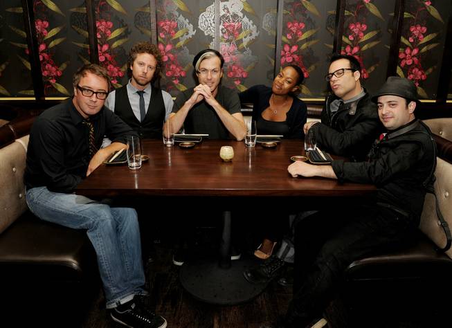John Wicks, Joseph Karnes, Michael Fitzpatrick, Noelle Scaggs, Jeremy Ruzumna and James King of Fitz & The Tantrums dine at Social House during Fashion's Night Out at Crystals in CityCenter on Friday, Sept. 8, 2011.