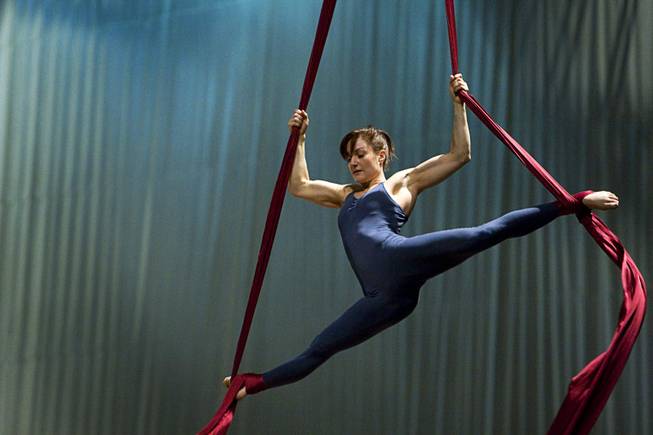 Danielle Rueda-Watts, 35, of Las Vegas performs a routine with aerial silk during auditions for new Cirque du Soleil performers in the "O" Theater at the Bellagio Monday September 12, 2011.
