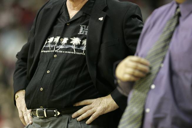 Hawaii head basketball coach Riley Wallace sports palm trees on his shirt during a game against UNLV at the Thomas and Mack Center on November 10, 2006.