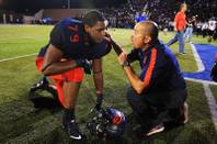 Bishop Gorman coach Tony Sanchez has words with tackle Ronnie Stanley after defeating Servite 31-28 Friday, Sept. 30, 2011.