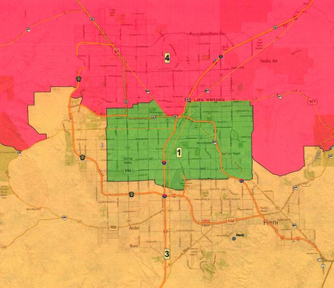 A close-up is seen of the Las Vegas Valley with the congressional boundaries proposed by the court in October 2011. District 2, not shown, would cover most of Northern Nevada.