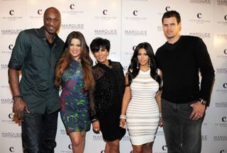 Lamar Odom, Khloe Kardashian Odom, Kris Jenner, Kim Kardashian and Kris Humphries arrive at Kim's 31st birthday at Marquee Nightclub at the Cosmopolitan on Oct. 22, 2011.
