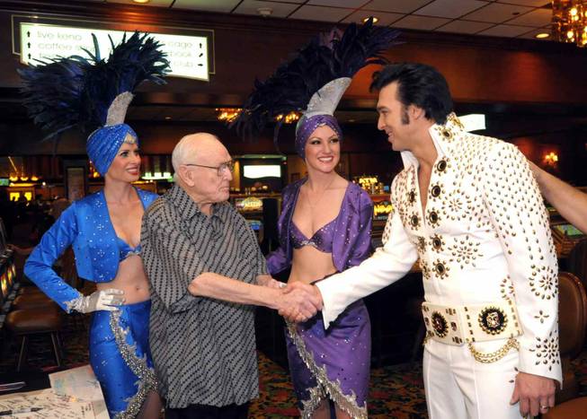Jackie Gaughan celebrates his 89th birthday at the El Cortez with showgirls and an Elvis Presley impersonator on Oct. 26, 2009.