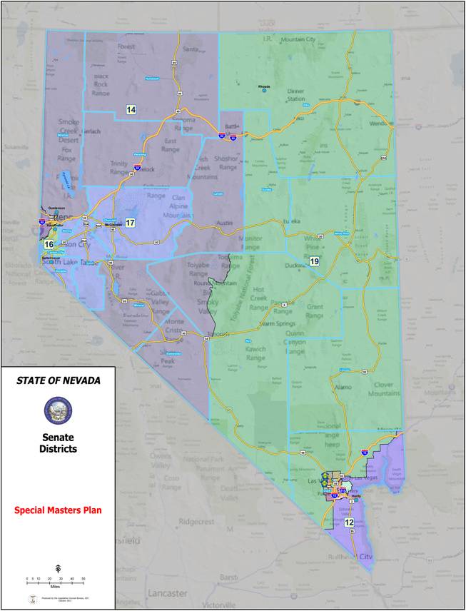 Senate District 19, covering most of eastern Nevada (shown in green), would also extend into Clark County, making it more difficult for a rural Nevadan to win.
