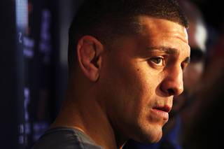 Nick Diaz talks to reporters during the open media workout in advance of UFC 137 Wednesday, October 25, 2011. Diaz will face B.J. Penn in a welterweight bout.