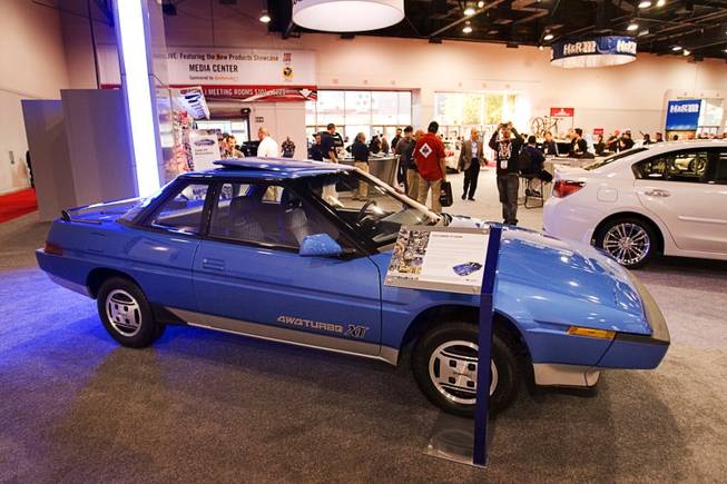 A restored 1986 Subaru XT Coupe is displayed during the Specialty Equipment Market Association (SEMA) trade show at the Las Vegas Convention Center Wednesday, Nov. 2, 2011. At it's introduction in 1985, it was the world's most aerodynamic production car.