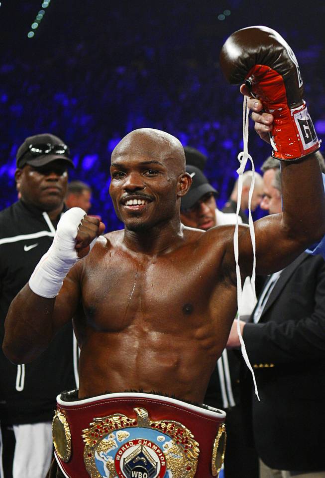 Timothy Bradley Jr. of Palm Springs, Calif.,  celebrates his victory over Joel Casamayor of Cuba following their WBO junior welterweight fight at the MGM Grand Garden Arena Saturday Nov. 12, 2011.