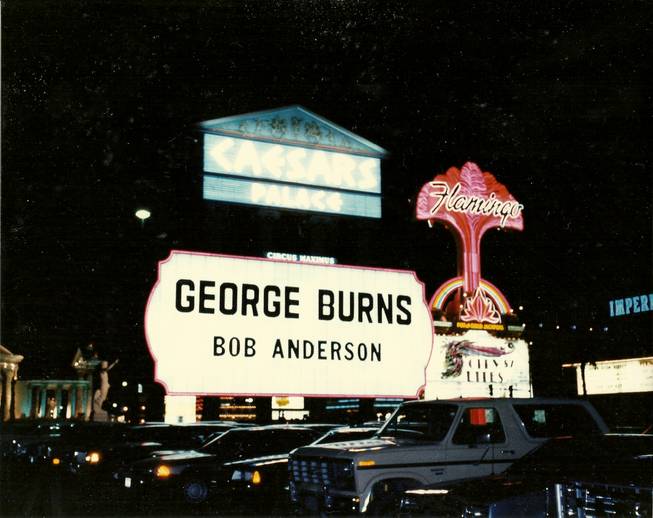 Bob Anderson's show is announced on the Flamingo's marquee along with George Burns.