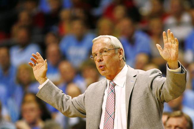 University of North Carolina head coach Roy Williams throws up his hands during their Las Vegas Invitational championship game against UNLV Saturday, Nov. 26, 2011 at the Orleans Arena. The Rebels upset the number one ranked Tar Heels 90-80.
