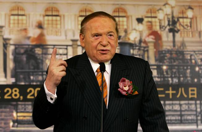 Sheldon Adelson, chairman and CEO of Las Vegas Sands Corp., is against online gambling because he doesn't believe young people can be prevented from making wagers, a spokesman said Wednesday. Adelson is shown here at a news conference for the opening of the Venetian Macao Resort Hotel on Aug. 28, 2007.